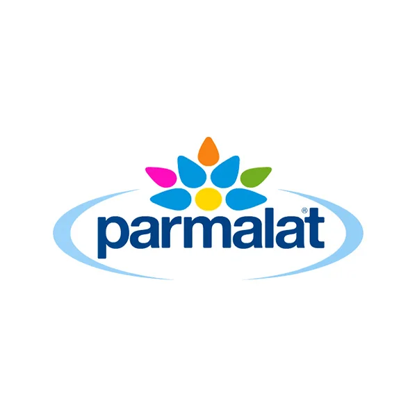 Logo Parmalat: testo blu, fiore colorato in alto su sfondo bianco.