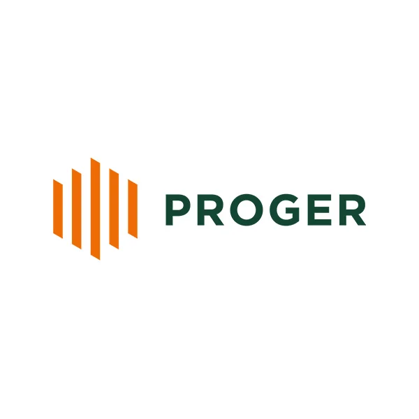 Logo PROGER: 5 barre arancioni a sinistra, la scritta “PROGER” in verde a destra, sfondo bianco.
