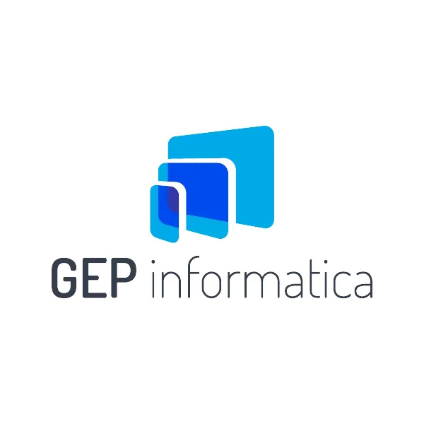 Logo GEP Informatica: 3 rettangoli blu, testo nero/blu.