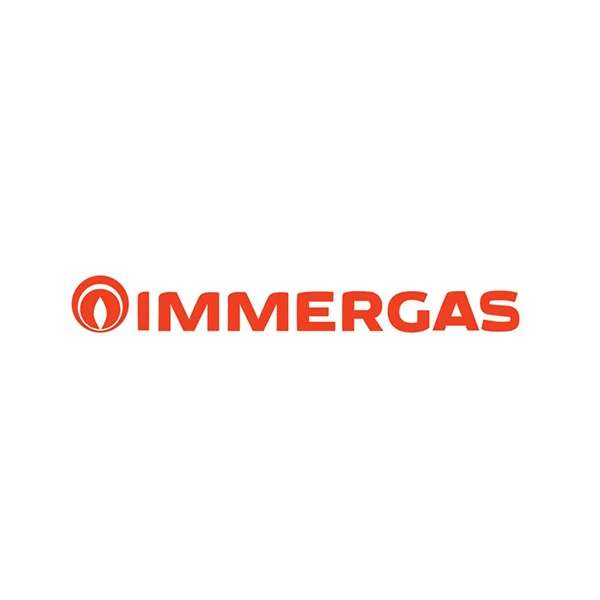 Logo Immergas: testo rosso, icona della fiamma, sfondo bianco, affidabile.