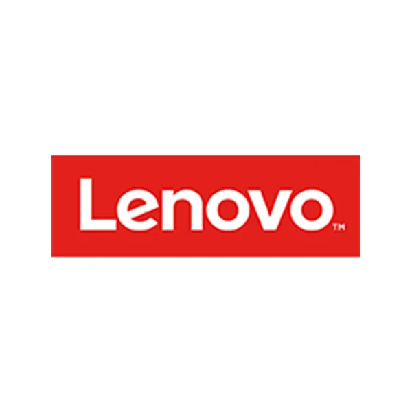 Logo Lenovo: testo bianco su sfondo rosso rettangolare.