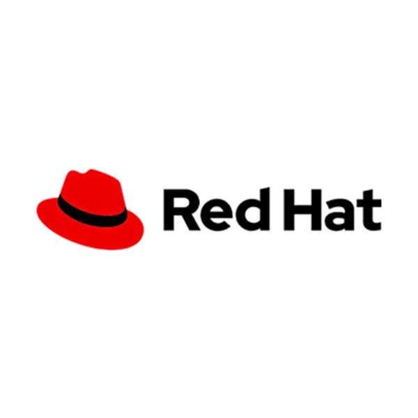 Logo Red Hat con un fedora rosso e testo nero su sfondo bianco.