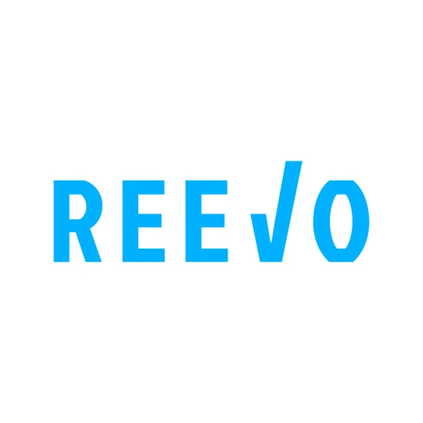 Logo REEVO blu su sfondo bianco; la “V” è un quadrato, la “O” è un ovale.