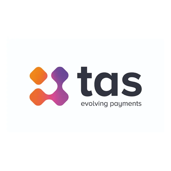 Logo TAS, design arancione/viola, testo “tas evolving payments”.