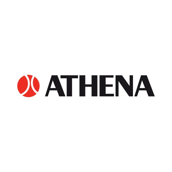 Logo ATHENA: testo in grassetto nero, cerchio rosso con forme bianche curve.