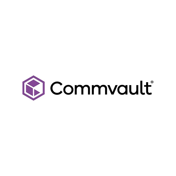 Logo Commvault con esagono viola e testo nero su sfondo bianco.
