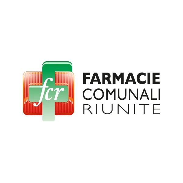 Logo delle Farmacie Comunali Riunite: croce rossa e verde, fcr, testo.