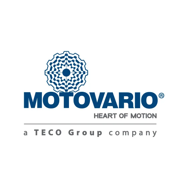 Logo Motovario, disegno blu, “Heart of Motion”, scritta “TECO Group”.
